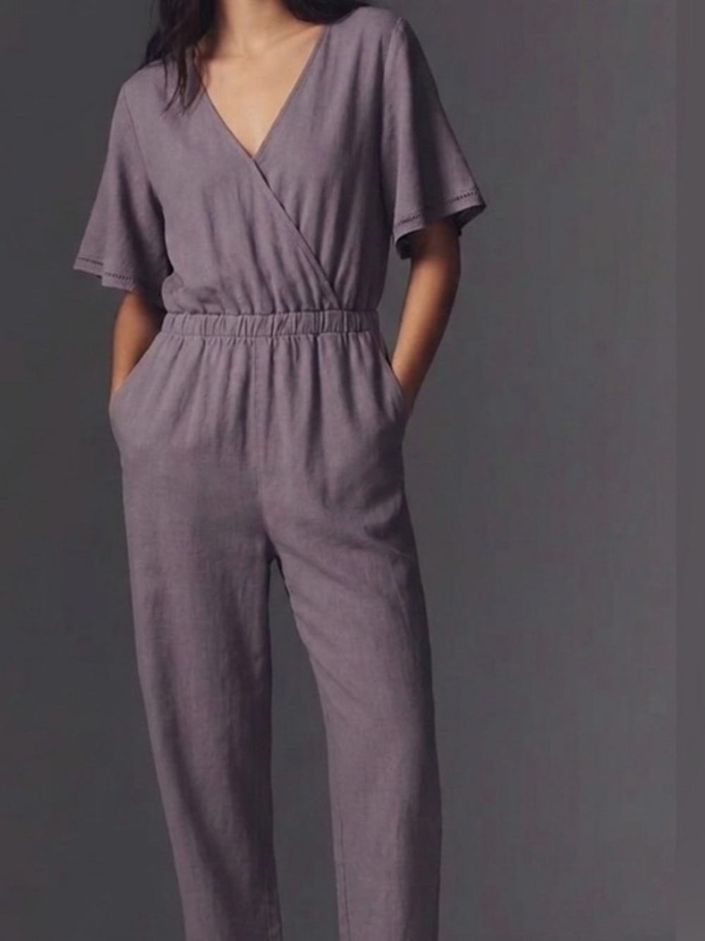 Anthropologie Dusty Mauve Short-Sleeve V-Neck Jumpsuit